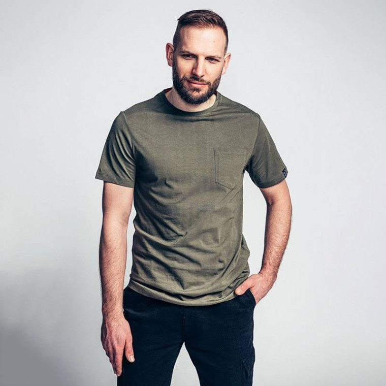 T-shirt de travail vert armée manches courtes en coton bio avec poche poitrine Dunas