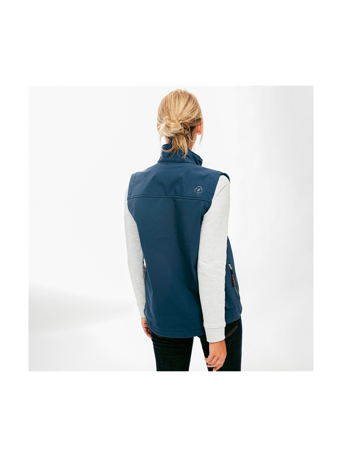 Gilet de travail Softshell sans manches en matière recyclée bleu, à personnaliser