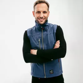 Gilet de travail Softshell sans manches en matière recyclée bleu, à personnaliser